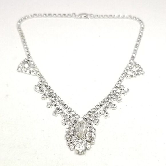 Vintage Continental Rhinestone Necklace Silver Tone Sparkle, Estate Signed - Picture 1 of 6